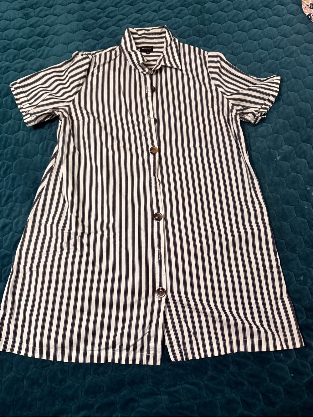 Who What Wear Black & White Striped Shirt Large Button Dress with Pockets